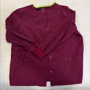 Burgundy Medical Scrub Jacket with Lime Trim